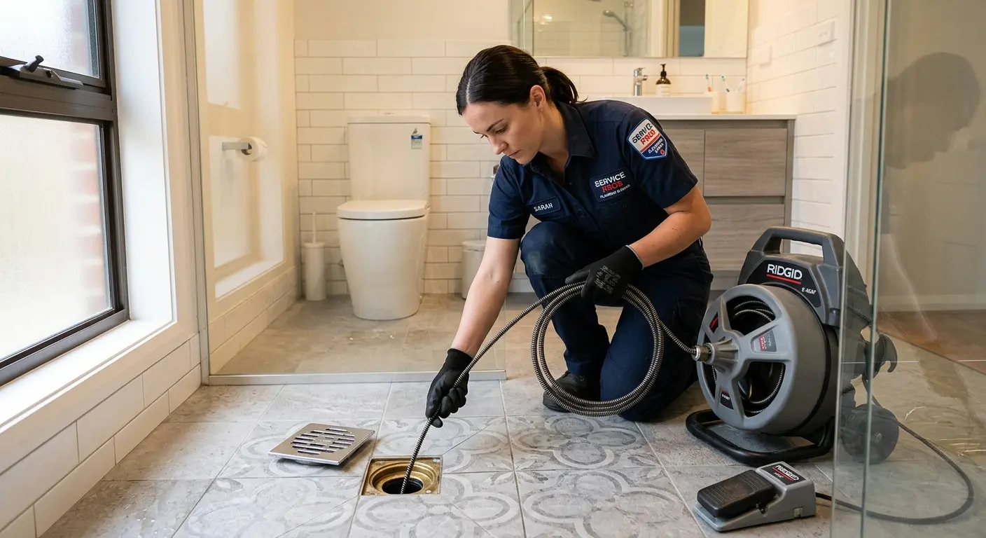 Technician clearing a bathroom floor drain for Drain Repair in Mankato